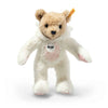 An 11-inch Steiff Teddy Bear with a bunny hoodie costume stands upright against a white background, showcasing its soft fur and classic yellow Steiff tag—a delightful collectible for any fan.