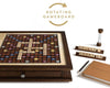 Discover the Board Game: Scrabble Heirloom with Rotating Game Board, featuring a deluxe wooden board, wooden tiles and racks, sand timer, score notebook, and storage drawer for a timeless and elegant crossword experience.