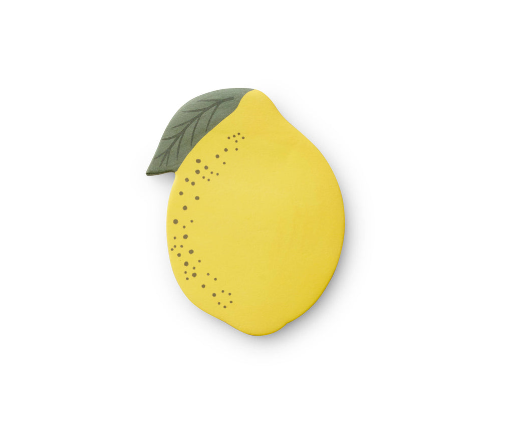 Lemon Sticky Notes: A yellow, lemon-shaped die-cut sticky note featuring a green leaf at the top and small dotted accents on one side, shown against a plain white background.