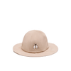 The Donsje Organic Cotton Steijn Bee Hat is a beige hat crafted from organic cotton, with a small embroidered bee on the front and a wide brim for excellent sun protection.