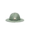 The Donsje Organic Cotton Steijn Boat Hat is light green, features a wide brim for sun protection, and has a small embroidered sailboat on the front.