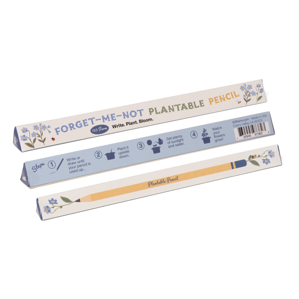 The Forget-Me-Knot Plantable Pencil – Eco-Friendly comes in triangular packaging with blue flower designs. Write until it’s used, then plant and water to grow forget-me-nots—a charming, sustainable gift.