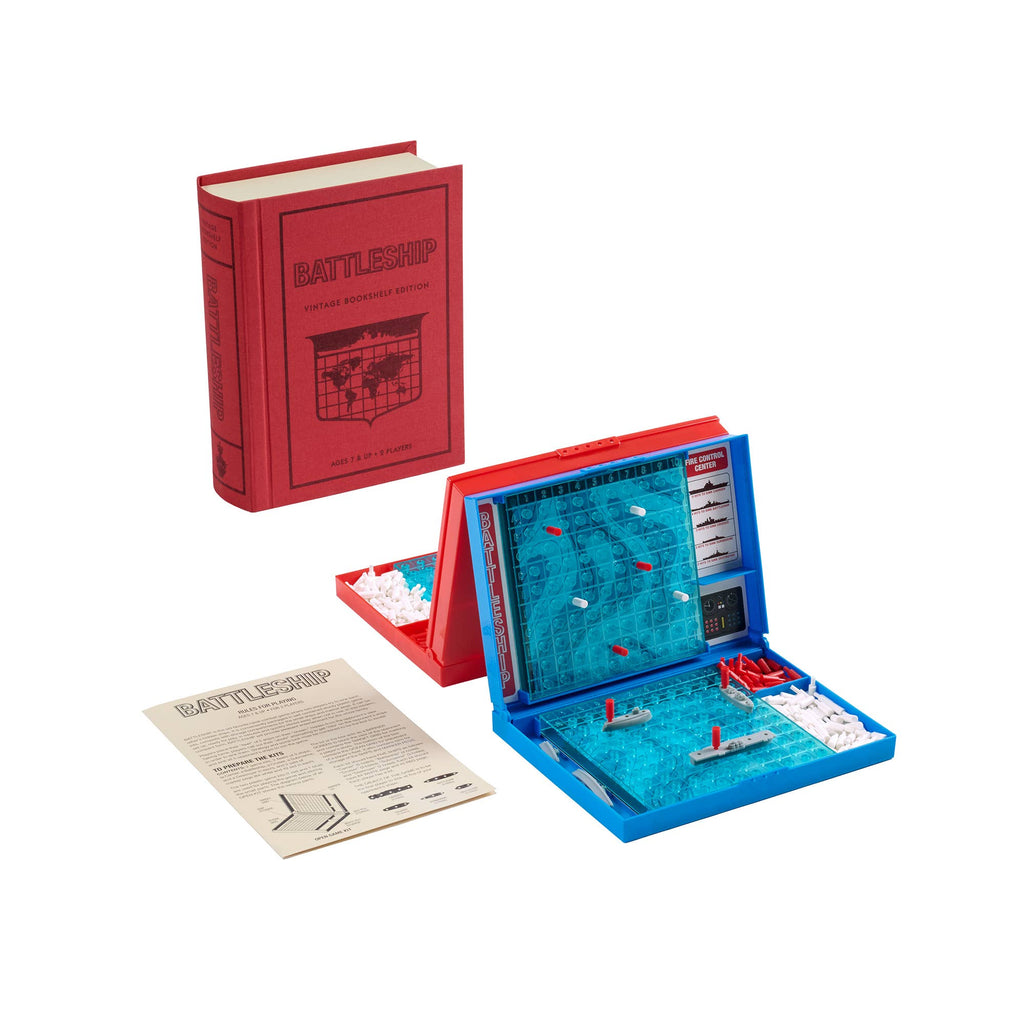 The Board Book: Battleship Vintage Bookshelf Edition is a naval action game in a red book-style case, featuring blue and red grids, game pieces, instructions, and colored pegs for classic strategy play.