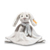 The Steiff Hoppie Rabbit Security Blanket Baby Toy, 10 inches, is a soft light gray plush with floppy ears, embroidered features, a striped scarf, and a yellow tag—perfect as a cozy security blanket for babies.