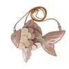 The Donsje Leather Thysa Purse - Gold Fish is crafted to resemble a fish with layered beige and light brown scales, a long adjustable strap, and decorative fin accents.