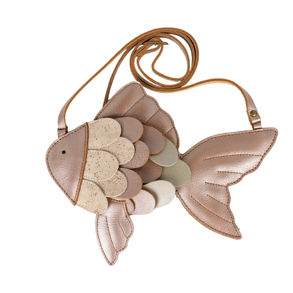 The Donsje Leather Thysa Purse - Gold Fish is crafted to resemble a fish with layered beige and light brown scales, a long adjustable strap, and decorative fin accents.