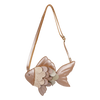 The Donsje Leather Thysa Purse - Gold Fish is a crossbody bag shaped like a fish, crafted from beige, brown, and light green leather with a gold metallic tail flap and an adjustable strap for versatile wear.