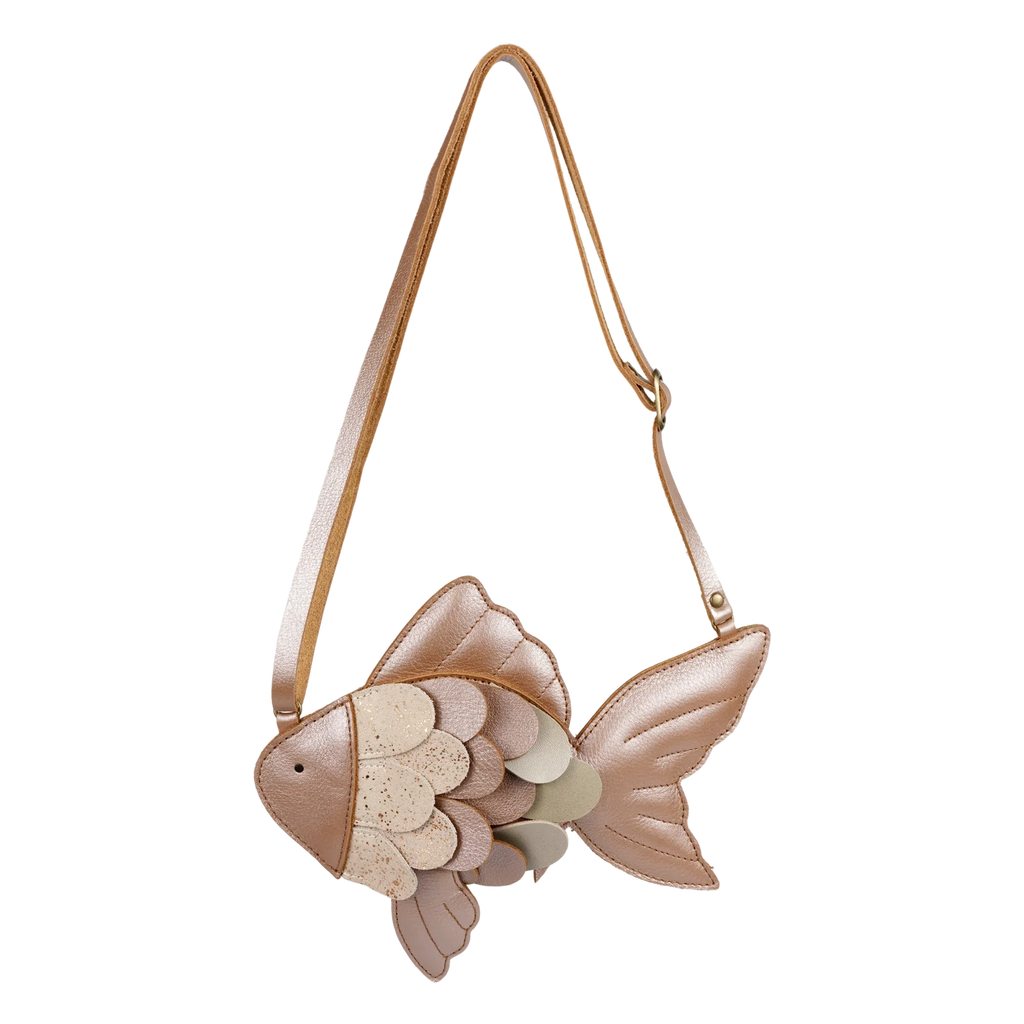The Donsje Leather Thysa Purse - Gold Fish is a crossbody bag shaped like a fish, crafted from beige, brown, and light green leather with a gold metallic tail flap and an adjustable strap for versatile wear.