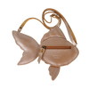 The Donsje Leather Thysa Purse - Gold Fish is a fish-shaped purse crafted from metallic gold leather, designed with a side zipper and a long matching strap.