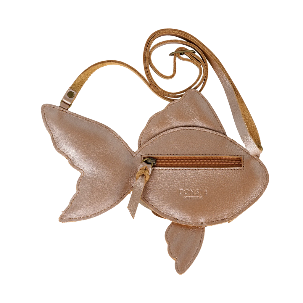 The Donsje Leather Thysa Purse - Gold Fish is a fish-shaped purse crafted from metallic gold leather, designed with a side zipper and a long matching strap.