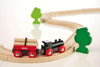 The BRIO Little Forest Train Set features a wooden toy train with a black engine, red log car, curved track, and two green tree figures—ideal for any BRIO collection or as a delightful train starter set.