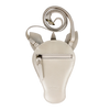 The Donsje Leather Blinc Purse - Unicorn is a light beige metallic leather crossbody pouch with a rounded shape, front zipper pocket, signature ear-like details, an adjustable strap, and "DONSJE" embossed near the bottom.