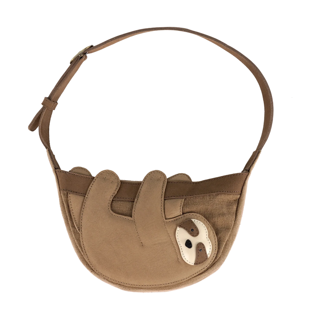The Donsje Leather Talei Bumbag Purse - Sloth features a trendy brown design for kids, styled like a sloth with two front arms and a white face—ideal as a playful shoulder bag or bumbag.