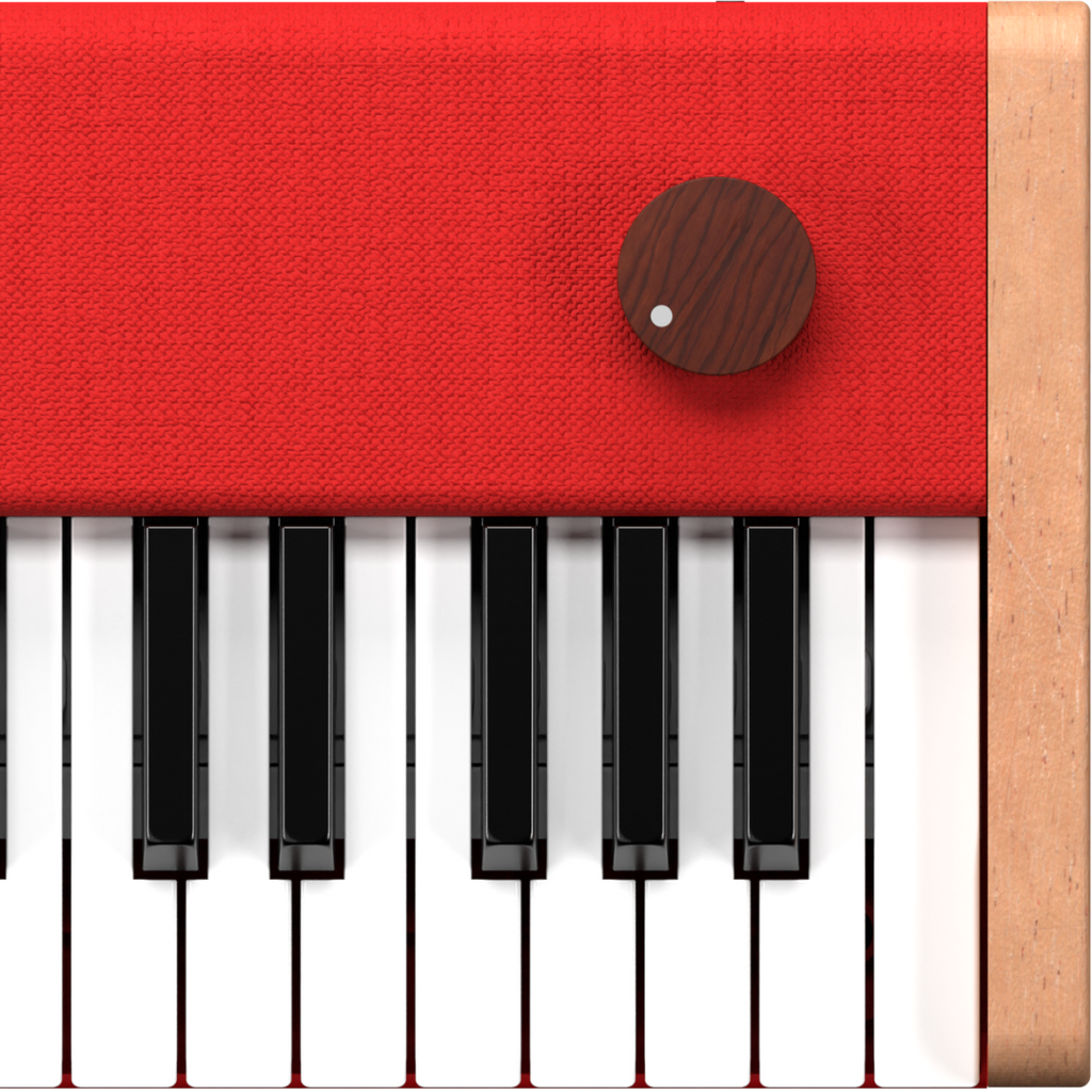 Close-up of the Loog Piano's velocity-sensitive keys, red textured panel, dark wood knob with white dot, and light wood trim—premium features for musician-grade piano sound.