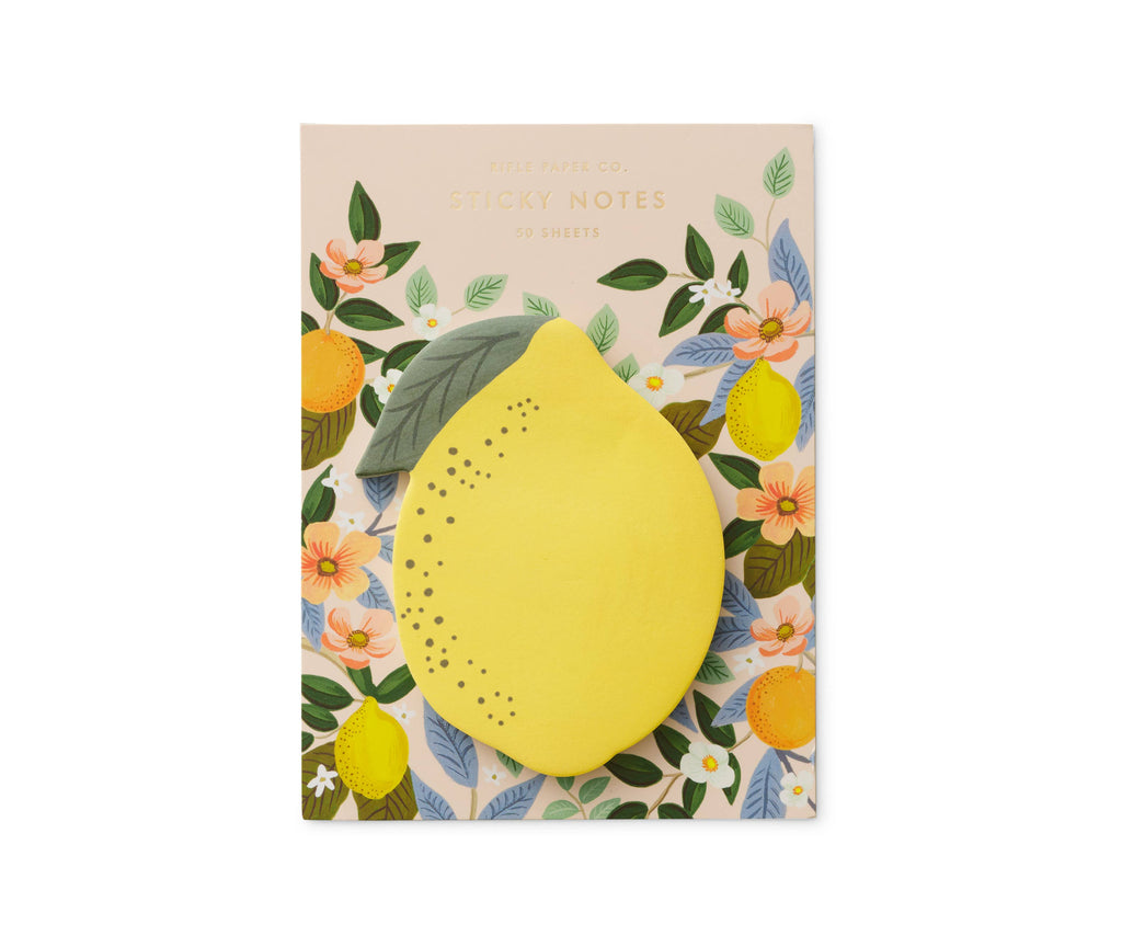 Lemon Sticky Notes: A pad of 50 yellow, lemon-shaped die-cut sticky notes sits on a floral backing card with illustrated lemons, flowers, and green leaves. The card reads "STICKY NOTES 50 SHEETS.