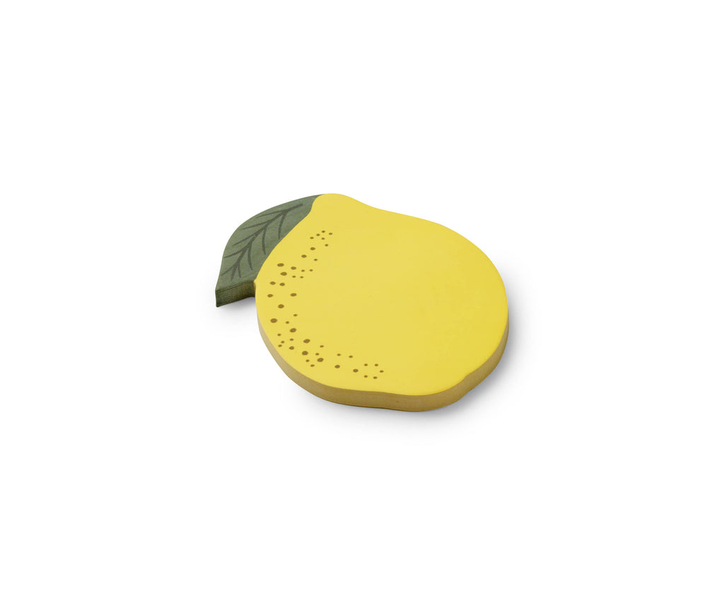 Lemon Sticky Notes, shaped like a yellow lemon with a green leaf and dotted details, are placed next to die-cut sticky notes on a plain white background.