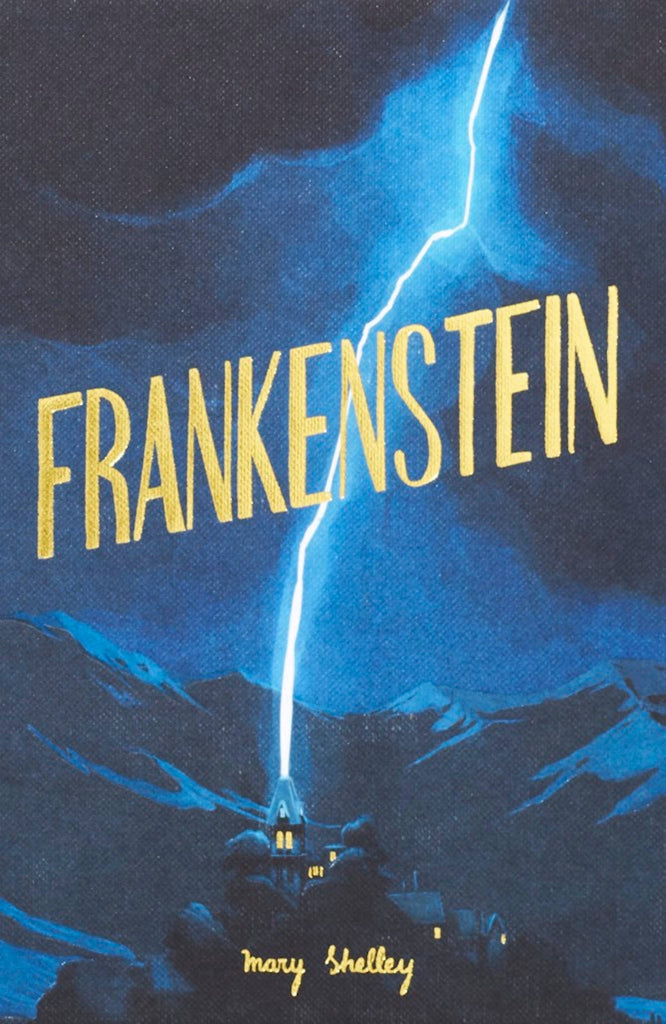 A bolt of lightning strikes a house beneath a dark sky. Large yellow text reads "Frankenstein | Wordsworth Collector's Edition | Hardcover," with "mary shelley" in smaller script below.
