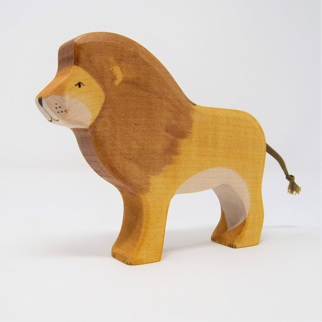 The Handmade Wooden Lion, crafted from sustainable hardwood with a brown mane, beige face, painted details, and a rope tail, stands on a white background—ready to spark children's imaginations.