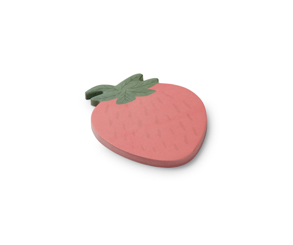 Strawberry Sticky Notes: Flat, pink sticky notes shaped like a strawberry with a green leafy top and seed-like markings, displayed on a white background—perfect for jotting reminders.
