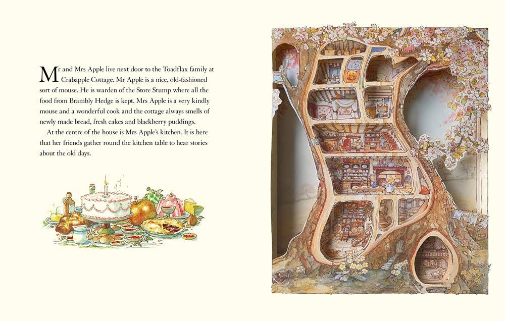 An illustrated spread in *The Brambly Hedge Pop-Up Book* by Jill Barklem features text on the left and a detailed, cozy mouse house cutaway on the right, filled with tiny furniture and warm, whimsical charm.