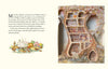 An illustrated spread in *The Brambly Hedge Pop-Up Book* by Jill Barklem features text on the left and a detailed, cozy mouse house cutaway on the right, filled with tiny furniture and warm, whimsical charm.