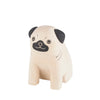 The Handmade Tiny Wooden Animals - Pug Dog is a small, light-colored Albizia wood figurine featuring hand-painted black ears, a black snout, and simple facial features, shown sitting upright against a white background.