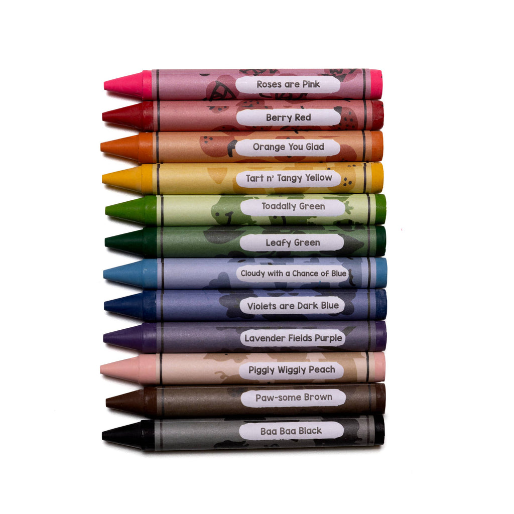 The 12 Beeswax Crayons – Non-Toxic set features eco-friendly crayons stacked together, each with a playful name like Roses are Pink, Berry Red, Orange You Glad, Toadally Green, Lavender Fields Purple, Paw-some Brown, and Baa Baa Black.