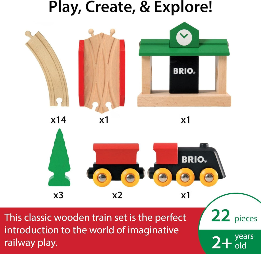 The BRIO World Train Set Classic Figure 8 Set includes 22 pieces: tracks, a station, train cars, trees, and connectors. Perfect for ages 2+, it’s an ideal introduction to imaginative railway play.