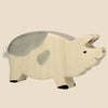 The Holtztiger Boar is a handcrafted maple and beech wood figurine, featuring a cream color with gray spots, black hooves, heart mark, white rope tail, simple friendly face, and stands on all fours. Ships in one week.