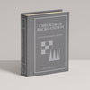 A gray hardcover Board Game: Checkers & Backgammon Vintage Bookshelf Edition stands upright on a white surface, with simple graphics that highlight the timeless appeal of these classic games.