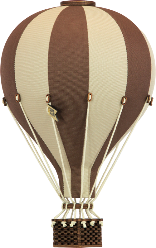 The Hot Air Balloon - Light Brown / Dark Brown features handmade alternating brown and beige stripes, detailed ropes, and a woven basket—an ideal vintage-style decor piece for any child's room.