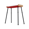 A modern rectangular table with a red top and black angled legs, perfect for setting up your Complete Set: Loog Piano + (Piano Stand, Music Stand, Sustain Pedal, Octave Shifter & Carrying Case), isolated on white.