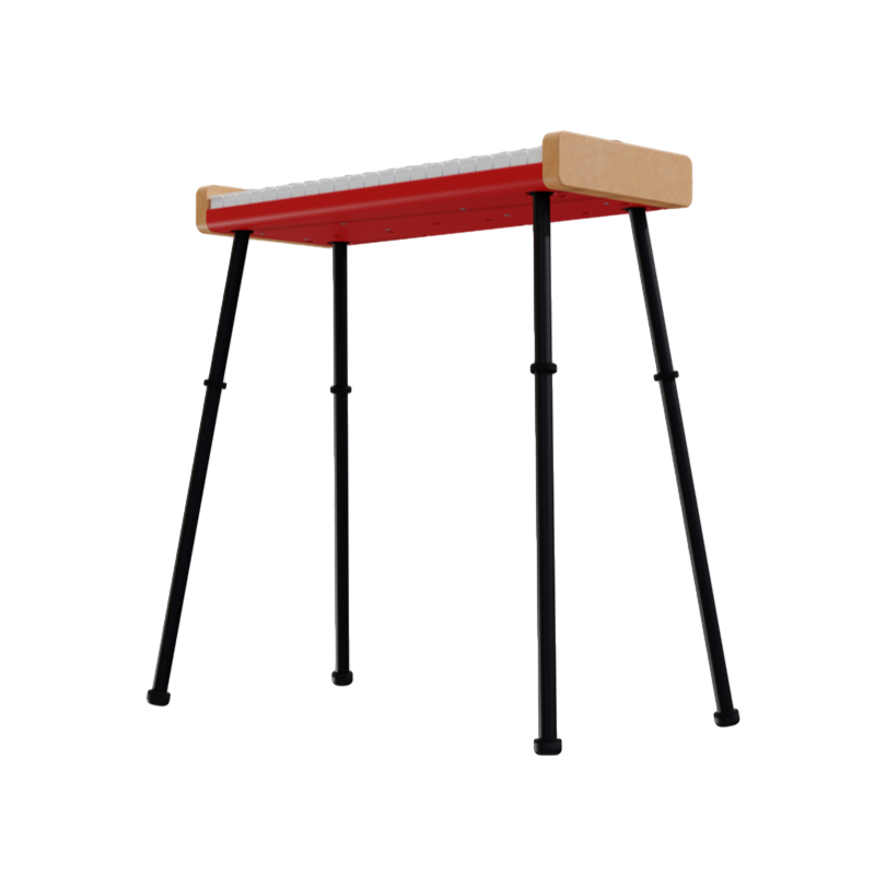 A modern rectangular table with a red top and black angled legs, perfect for setting up your Complete Set: Loog Piano + (Piano Stand, Music Stand, Sustain Pedal, Octave Shifter & Carrying Case), isolated on white.