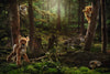 Five handmade plush toy animals, including the Steiff Joggi Hedgehog Plush Toy (6 Inches), are posed among trees and moss in a sunlit forest: two climbing, one standing, one lying behind a log, and one resting on the moss.