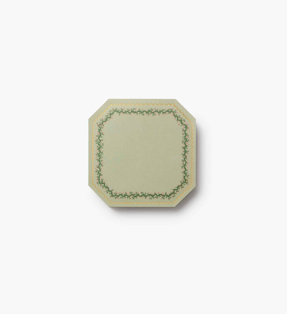 The Gemma Mini Notepad Trio features pale green octagonal notepads with a decorative metallic gold and green floral border, displayed on a plain white background.