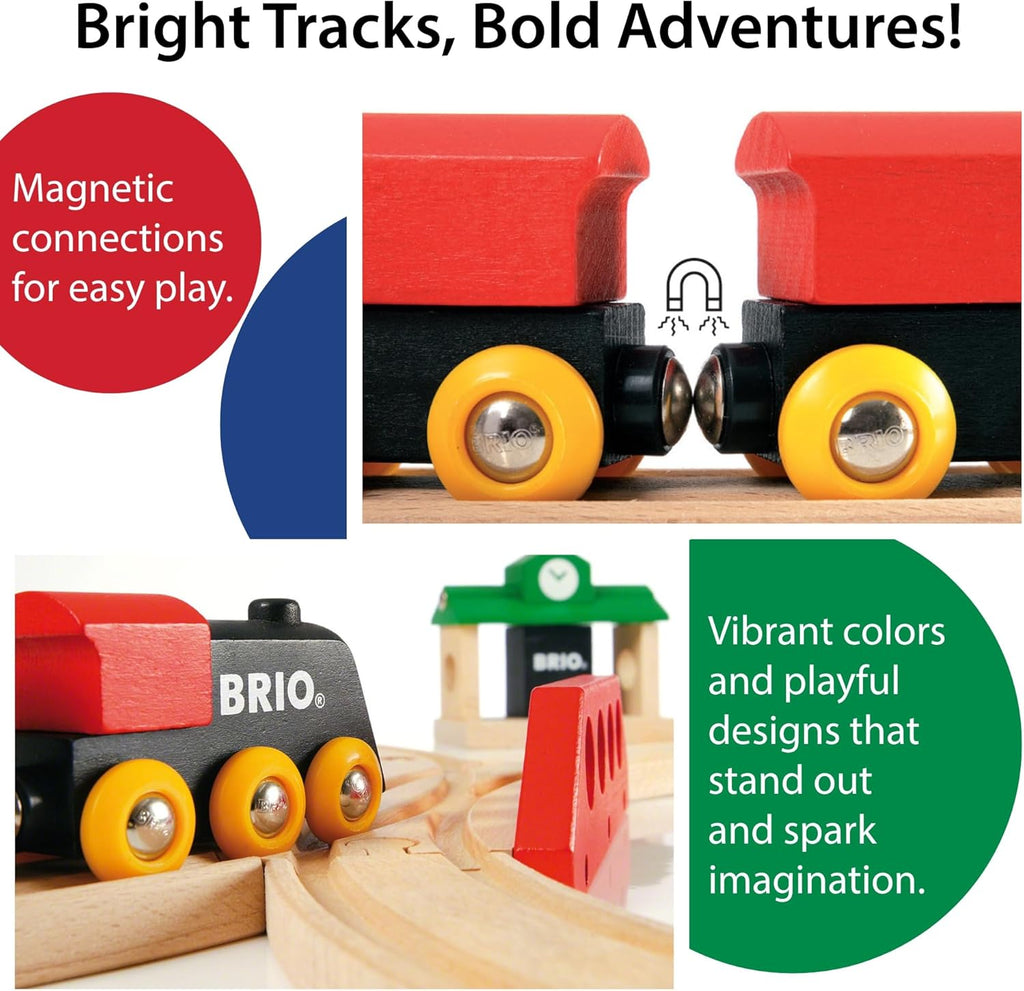 The BRIO World Train Set Classic Figure 8 Set features a colorful wooden train with magnetic connections, bright yellow wheels, and a green station sign—promoting easy play, vibrant colors, and playful design to spark imagination.
