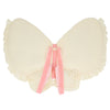 The Meri Meri Butterfly Wings is a cream-colored, butterfly-shaped pillow with ruffled edges, two pink velvet ribbons crossing at the center, and delicate embroidered flowers on natural cotton for extra charm.