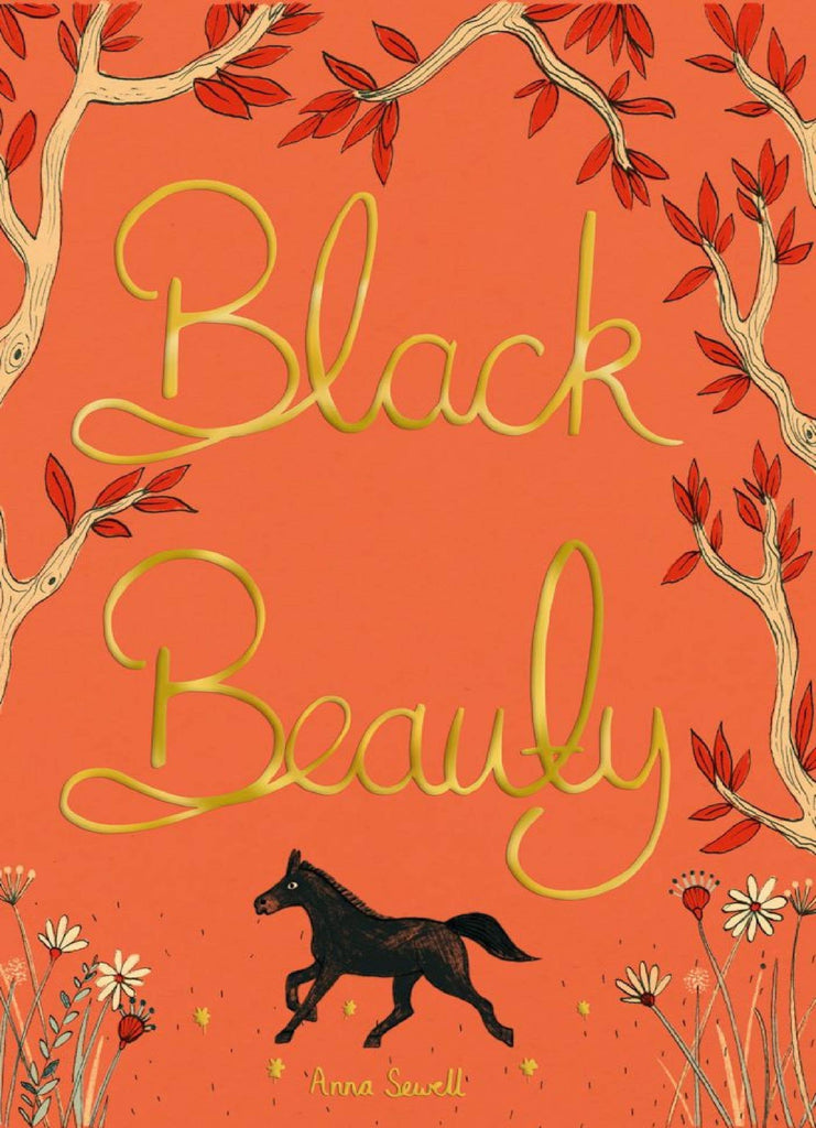 An orange hardcover edition titled "Black Beauty | Collector's Edition | Hardcover" by Anna Sewell, featuring a running black horse illustration and decorative floral branches along the edges in yellow script.