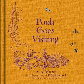 The cover of "Winnie-the-Pooh: Pooh Goes Visiting" features Winnie-the-Pooh and Piglet on an orange background with purple text and playful bee illustrations.