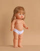 The Minikane Standing Doll (14") - Yze features light skin, straight blonde hair, blue eyes, and white underwear. This anatomically correct doll is made in Spain; clothing is sold separately. The doll stands upright against a beige background.