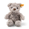 A fluffy, light brown Steiff Honey Teddy Bear Stuffed Plush, 8 inches tall, sits upright with a dark brown nose, black eyes, and a yellow ear tag reading "Handmade by Steiff – Knopf im Ohr," marking it as a classic children's toy.