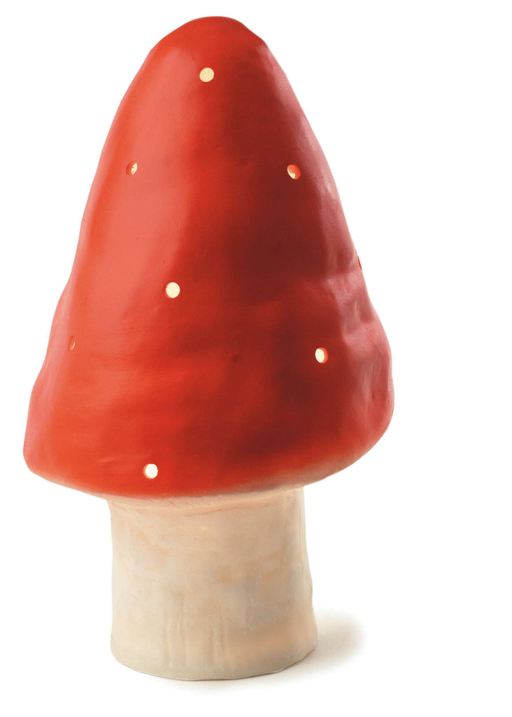The Small Red Mushroom Lamp features a hand-painted red cap with small round holes and a white stem, making it perfect whimsical decor for a child's room. Displayed against a plain white background.