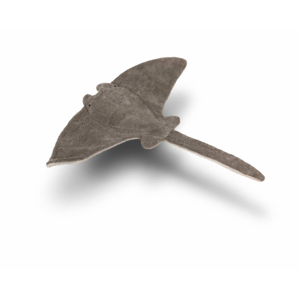 The Senger Naturwelt Stuffed Animal - Large Manta Ray is a soft, gray plush toy with wide wings and a long tail, displayed on a white background with a subtle shadow.