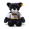 The Steiff Batman Teddy Bear, 12 Inches, features a soft plush texture, black mask and cape, utility belt, yellow Batman logo on its chest, and a signature yellow Steiff tag on its ear.