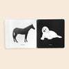 The Baby's Tummy Time Book Box Set features high-contrast developmental board books, showing images like a black horse on white labeled "HORSE" and a white seal on black labeled "SEAL," supporting baby's visual milestones.