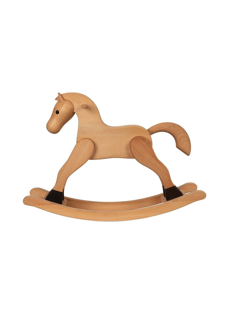 The Spring Copenhagen Wooden Rocking Horse—Final Sale—features Nordic minimalist design with a smooth natural finish, curved base, four legs, tail, ears, and painted black hooves.