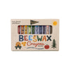 A box of 12 Beeswax Crayons – Non-Toxic, with smiling faces and eco-friendly packaging featuring a sun, beehive, apple, and leaves. The box reads "BEESWAX Crayons" and "Made with 100% natural beeswax.
