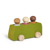 The Lubulona Wooden Bus with 3 Figures - Lime is a green, minimalist wooden toy bus with four round wheels and three colorful peg figures—ideal for eco-friendly kids’ play.