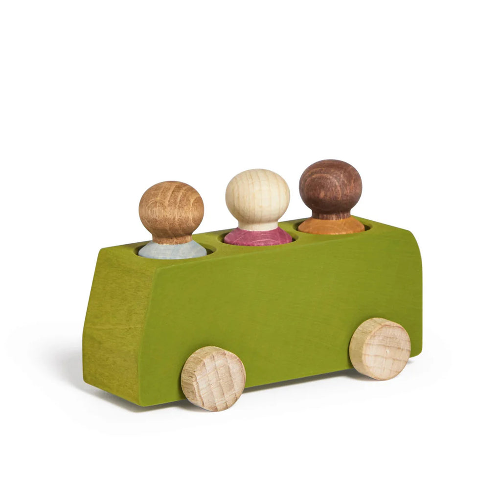 The Lubulona Wooden Bus with 3 Figures - Lime is a green, minimalist wooden toy bus with four round wheels and three colorful peg figures—ideal for eco-friendly kids’ play.