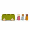The Lubulona Wooden Bus with 3 Figures - Lime is a green wooden toy bus with four wheels and three peg dolls in pink, blue, and yellow—ideal for fans of minimalist and wooden toys.